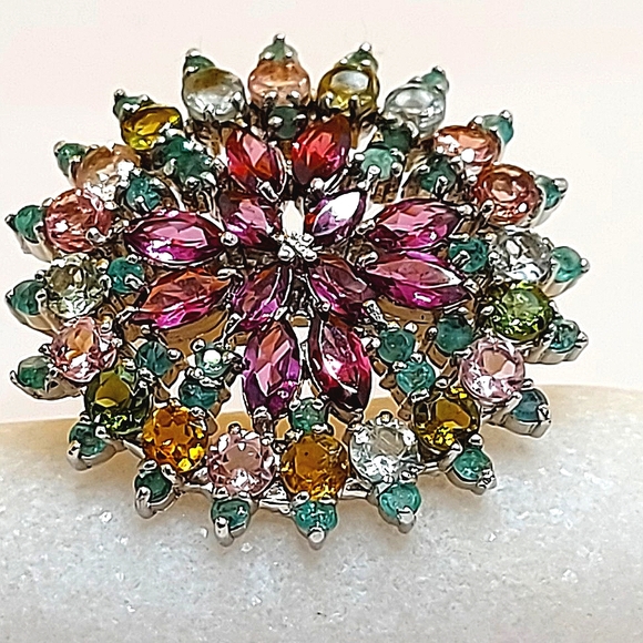 Natural Rhodolite Garnet, Emerald, Tourmaline Gems 925 Sterling Silver Ring 7.5 - Picture 7 of 7